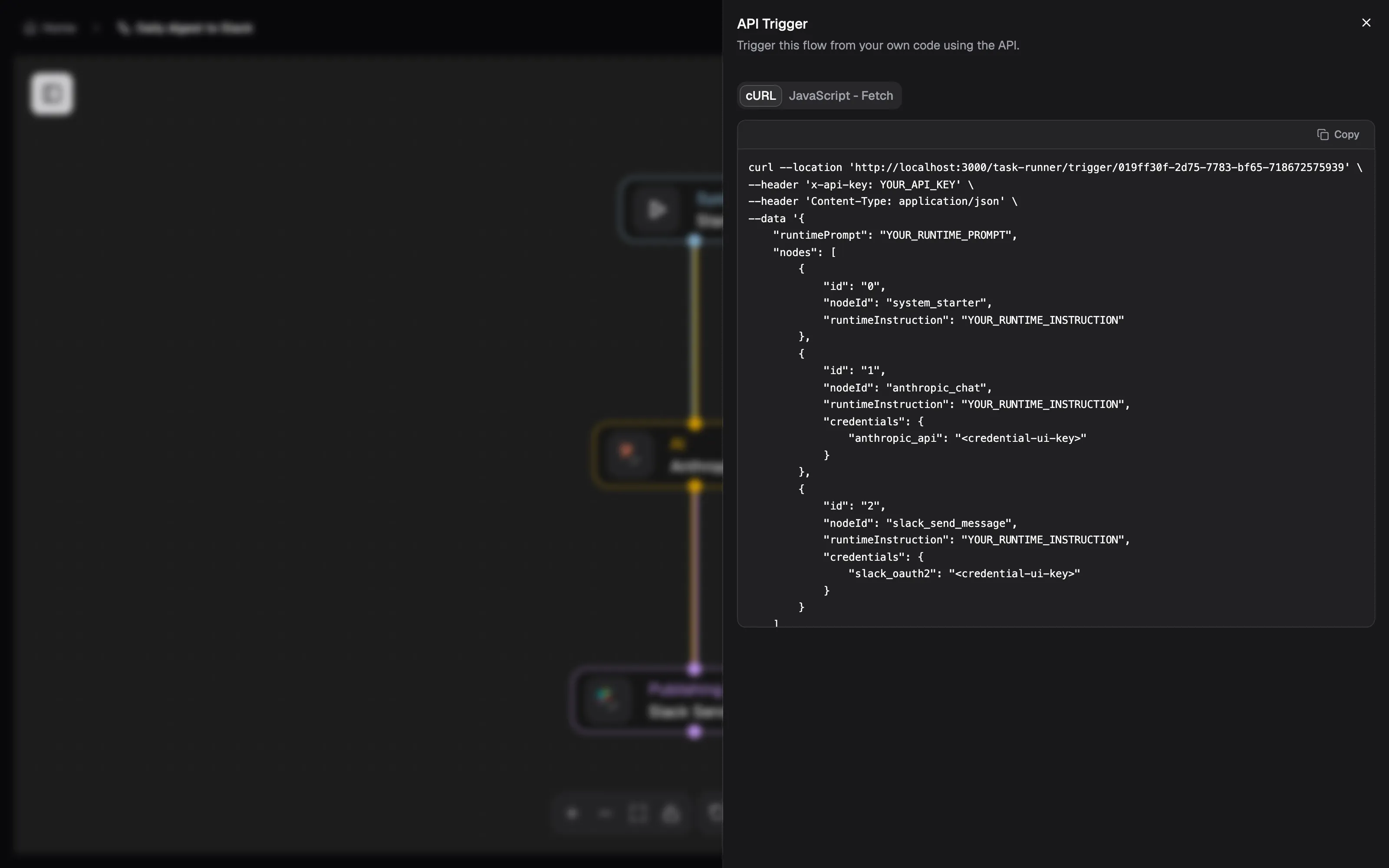 The API Trigger panel showing a ready-made cURL example for the open flow