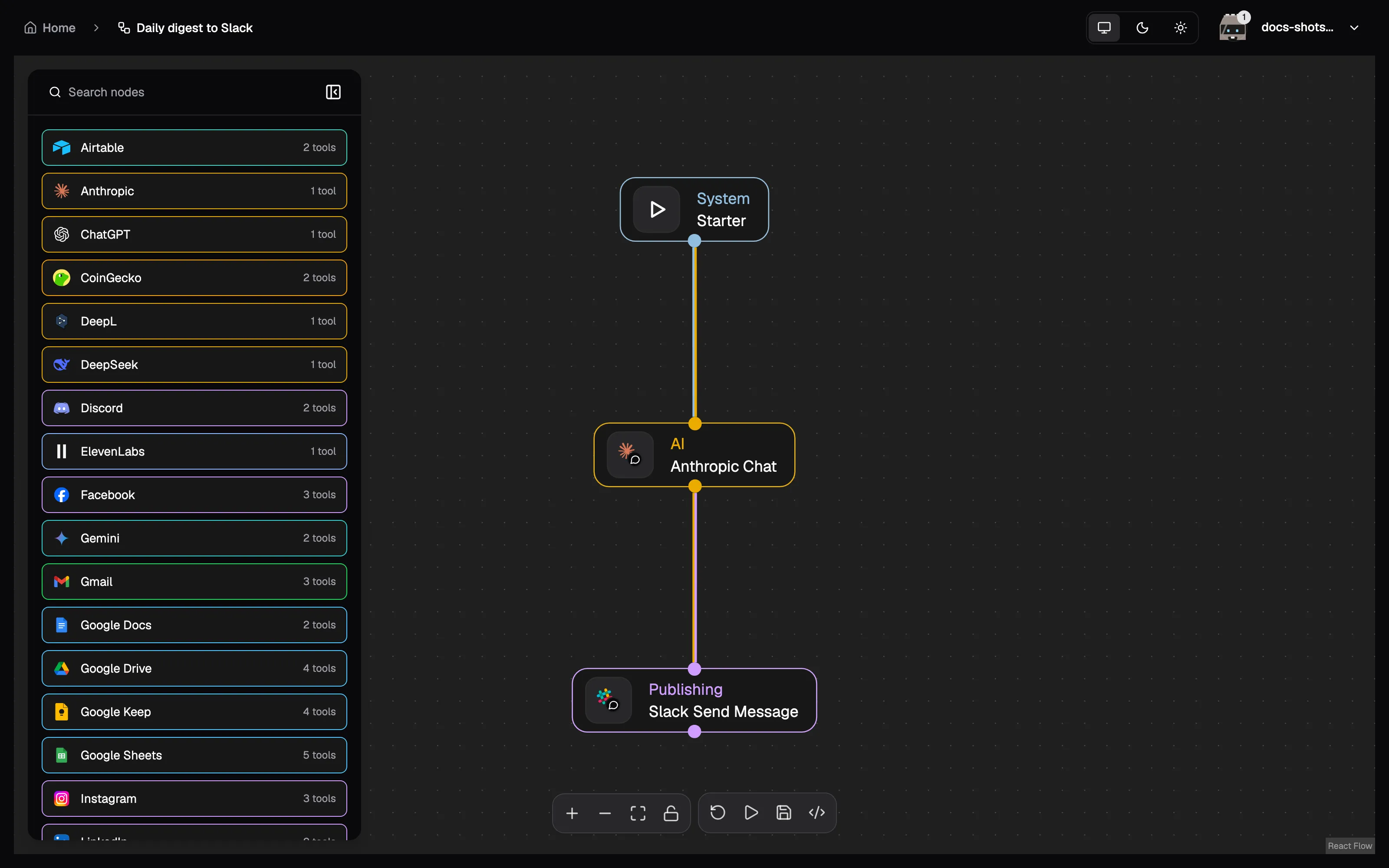 The node catalog sidebar next to the canvas, listing providers and their action counts