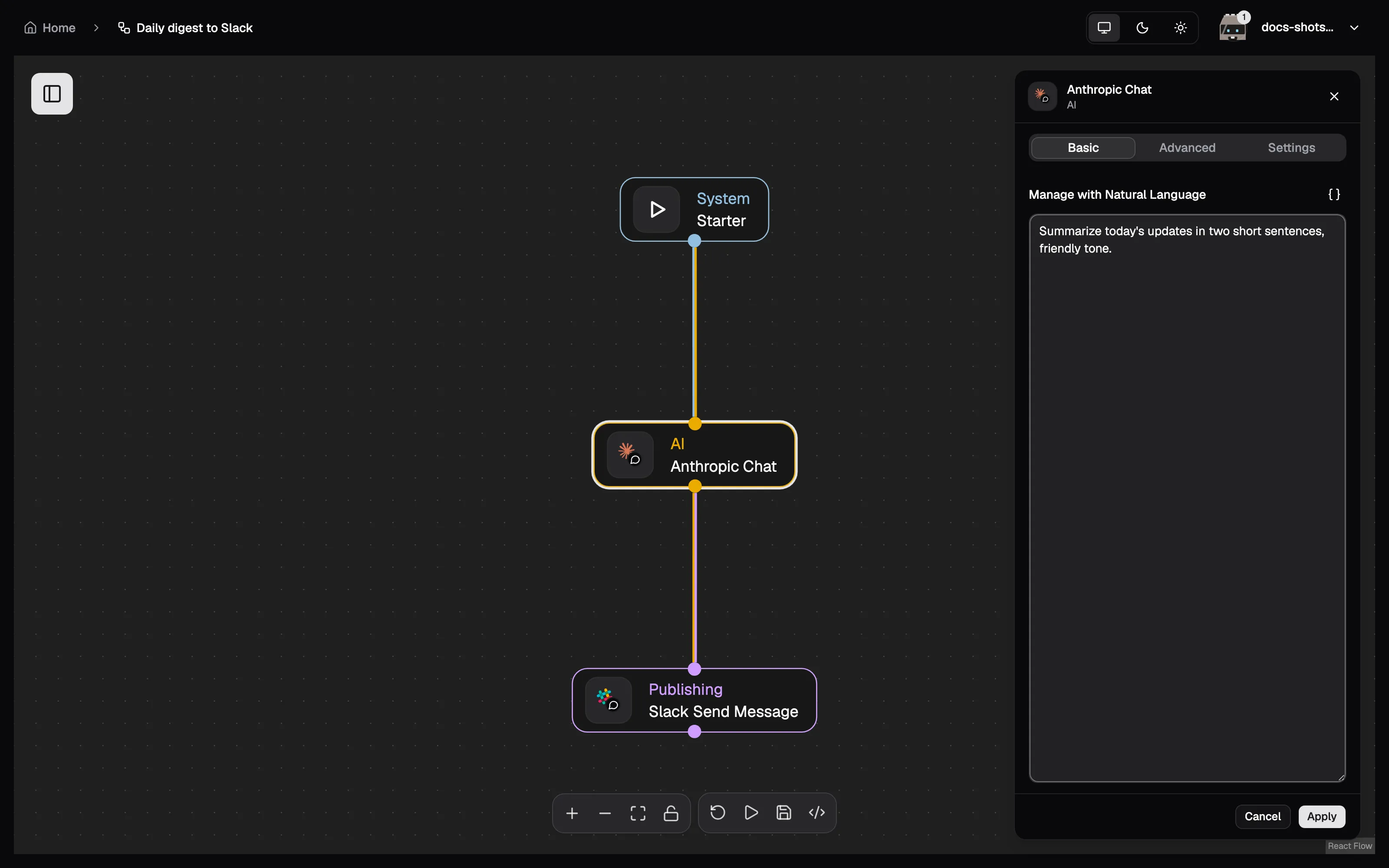 The node settings panel with a natural-language instruction
